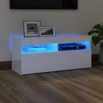 TV spintelė su LED ap&scaron;vietimu, 90x35x40 cm, balta, blizgi