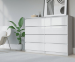 Komoda 3xEliving DEMI su 8 stalčiais, 140 cm, spalva: Baltas/baltas blizgesys