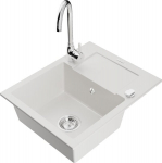 Granitinė virtuvinė plautuvė Mexen Enzo su mai&scaron;ytuvu ir sifonu, White+Chrome