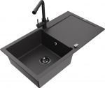 Granitinė virtuvinė plautuvė Mexen Leo su mai&scaron;ytuvu ir sifonu, Black granite+Black