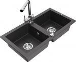 Granitinė virtuvinė plautuvė Mexen Mario su mai&scaron;ytuvu ir sifonu, Black granite+Chrome