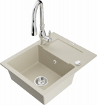 Granitinė virtuvinė plautuvė Mexen Enzo su mai&scaron;ytuvu ir sifonu, Beige+Chrome