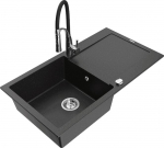 Granitinė virtuvinė plautuvė Mexen Leo su mai&scaron;ytuvu ir sifonu, Metallic black/silver+Black/Chrome
