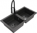 Granitinė virtuvinė plautuvė Mexen Mario su mai&scaron;ytuvu ir sifonu, Black granite+Black