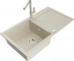 Granitinė virtuvinė plautuvė Mexen Leo su mai&scaron;ytuvu ir sifonu, Beige+Chrome