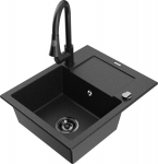 Granitinė virtuvinė plautuvė Mexen Enzo su mai&scaron;ytuvu ir sifonu, Metallic black/silver+Black