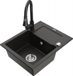 Granitinė virtuvinė plautuvė Mexen Enzo su mai&scaron;ytuvu ir sifonu, Metallic black/gold+Black