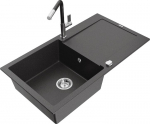 Granitinė virtuvinė plautuvė Mexen Leo su mai&scaron;ytuvu ir sifonu, Black granite+Black/Chrome