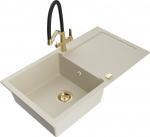 Granitinė virtuvinė plautuvė Mexen Leo su mai&scaron;ytuvu ir sifonu, Beige+Black/Gold
