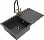 Granitinė virtuvinė plautuvė Mexen Leo su mai&scaron;ytuvu ir sifonu, Black granite+Black/Gold