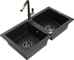 Granitinė virtuvinė plautuvė Mexen Mario su mai&scaron;ytuvu ir sifonu, Metallic black/silver+Black/Gold