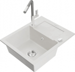 Granitinė virtuvinė plautuvė Mexen Enzo su mai&scaron;ytuvu ir sifonu, White+Grey/Chrome