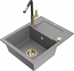 Granitinė virtuvinė plautuvė Mexen Enzo su mai&scaron;ytuvu ir sifonu, Grey+Black/Gold