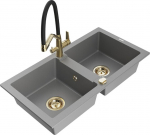 Granitinė virtuvinė plautuvė Mexen Mario su mai&scaron;ytuvu ir sifonu, Grey+Black/Gold