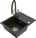 Granitinė virtuvinė plautuvė Mexen Enzo su mai&scaron;ytuvu ir sifonu, Metallic black/silver+Black/Gold