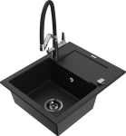 Granitinė virtuvinė plautuvė Mexen Enzo su mai&scaron;ytuvu ir sifonu, Black+Black/Chrome