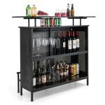 Costway virtuvės baro stalas su 2 vyno lentynomis ir 6 stiklų laikikliais bei reguliuojamomis kojelėmis 120 x 50 x 106,5 cm juodas