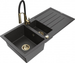 Granitinė virtuvinė plautuvė Mexen Andres su mai&scaron;ytuvu ir sifonu, Black granite+Black/Gold