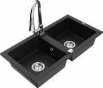 Granitinė virtuvinė plautuvė Mexen Mario su mai&scaron;ytuvu ir sifonu, Black+Chrome