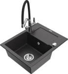 Granitinė virtuvinė plautuvė Mexen Enzo su mai&scaron;ytuvu ir sifonu, Black granite+Black/Chrome