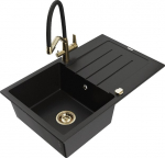 Granitinė virtuvinė plautuvė Mexen Bruno su mai&scaron;ytuvu ir sifonu, Black+Black/Gold
