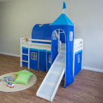 Loft lova, vaikų lova su kopėčiomis, slidinejimo tuneliu ir bok&scaron;tu, 207x150x97 cm, balta