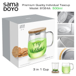 Samadoyo Premium arbatos puodelis su stikliniu filtru 3in1, 500 ml.