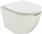 Klozetas Mexen Lena Rimless Slim Duroplast su lėtai nusileidžiančiu dangčiu, White/Gold pattern