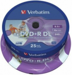 "verbatim dvd+r dl", dvisluoksnis, platus, spausdinamas ra&scaron;aliniu spausdintuvu, 43667, 8,5 gb, 8x, suktukas, 25 vnt., 12 cm, skirtas duomenų archyvavimui