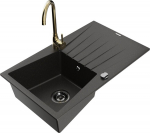Granitinė virtuvinė plautuvė Mexen Cesar su mai&scaron;ytuvu ir sifonu, Metallic black/Gold
