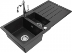 Granitinė virtuvinė plautuvė Mexen Andres su mai&scaron;ytuvu ir sifonu, Metallic black/silver/chrome