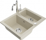 Granitinė virtuvinė plautuvė Mexen Carlos su mai&scaron;ytuvu ir sifonu, Beige+Chrome