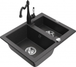 Granitinė virtuvinė plautuvė Mexen Carlos su mai&scaron;ytuvu ir sifonu, Black granite+Black