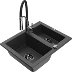 Granitinė virtuvinė plautuvė Mexen Carlos su mai&scaron;ytuvu ir sifonu, Black granite+Black/Chrome