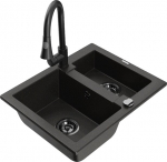 Granitinė virtuvinė plautuvė Mexen Carlos su mai&scaron;ytuvu ir sifonu, Metallic black/gold/black