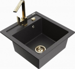Granitinė virtuvinė plautuvė Mexen Vito su mai&scaron;ytuvu ir sifonu, Black granite+Gold