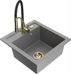 Granitinė virtuvinė plautuvė Mexen Vito su mai&scaron;ytuvu ir sifonu, Grey+Black/Gold