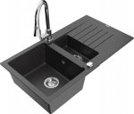 Granitinė virtuvinė plautuvė Mexen Matias su mai&scaron;ytuvu ir sifonu, Black granite/Chrome