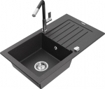 Granitinė virtuvinė plautuvė Mexen Pablo su mai&scaron;ytuvu ir sifonu, Black granite/Black/Chrome