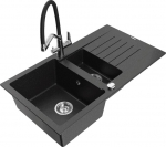 Granitinė virtuvinė plautuvė Mexen Matias su mai&scaron;ytuvu ir sifonu, Metallic black/Silver/Black/Chrome