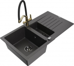 Granitinė virtuvinė plautuvė Mexen Matias su mai&scaron;ytuvu ir sifonu, Black granite/Black/Gold
