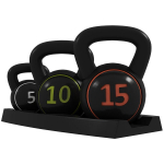 Kettlebell rinkinys, 3 rutuliniai hanteliai 2,2 kg/4,5 kg/6,8 kg, plastikinis dėklas, juodos spalvos