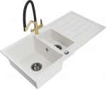 Granitinė virtuvinė plautuvė Mexen Andres su mai&scaron;ytuvu ir sifonu, White/Black/Gold