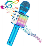 &bdquo;4 viename&ldquo; belaidis karaoke mikrofonas su LED ap&scaron;vietimu, ne&scaron;iojamasis mikrofonas vaikams, gražus dovanų žaislas vaikams, mergaitėms, berniukams ir suaugusiems &ndash; mėlynas