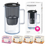Aquaphor Glass 2,5 l stiklinis filtravimo ąsotis + 4 Maxfor (1Mg+3 H) filtrai, juodos spalvos