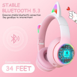 Axfee vaiki&scaron;kos ausinės, 5.3 bluetooth vaiki&scaron;kos ausinės su Led lemputėmis, garsumas apribotas iki 105 Db, stereo belaidės ausinės, katės ausų ausinės mergaitėms, skirtos mobiliesiems telefonams/plan&scaron;etiniams kompiuteriams/pc