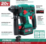 Posenpro sds-plus akumuliatorinis perforatorius, 20 v be&scaron;epetėlinis variklis, akumuliatorinis kombinuotas plaktukas, perforatorius, 4-in-1 funkcijos, maks. 1,7 džaulių, 20 v 4,0 ah akumuliatorius ir greitas įkroviklis