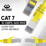 Mr. Tronic Cat 7 ethernet kabelis 20 m, Cca didelio greičio ethernet kabelis, vidaus patch Lan tinklo kabelis su Rj45 jungtimi, 28awg, Sftp ekranuotas interneto kabelis (20 metrų, geltonas)