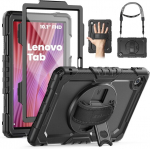 Seymac dėklas, skirtas Lenovo Tab 10.1 colių 2025 (tb-311fu/tb-311xu), smūgiams atsparus dėklas su ekrano apsauga, 360&deg; besisukantis stovas ir rankos dirželis, peties dirželis, ra&scaron;iklio laikiklis, juodas