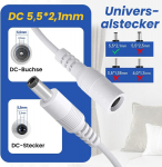 Maitinimo ilgintuvas, 2 vnt. po 10 m, 5,5 mm x 2,1 mm, suderinamas su universaliu 12 V nuolatinės srovės adapterio laidu arba sieniniu įkrovikliu vaizdo stebėjimo kameroms, Led juostelėms ir kt. (baltas)